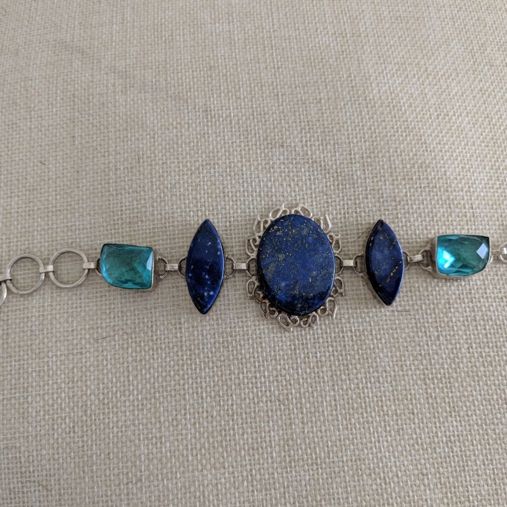 Bracelet, turquoise and blue and silver, 7.5 inch